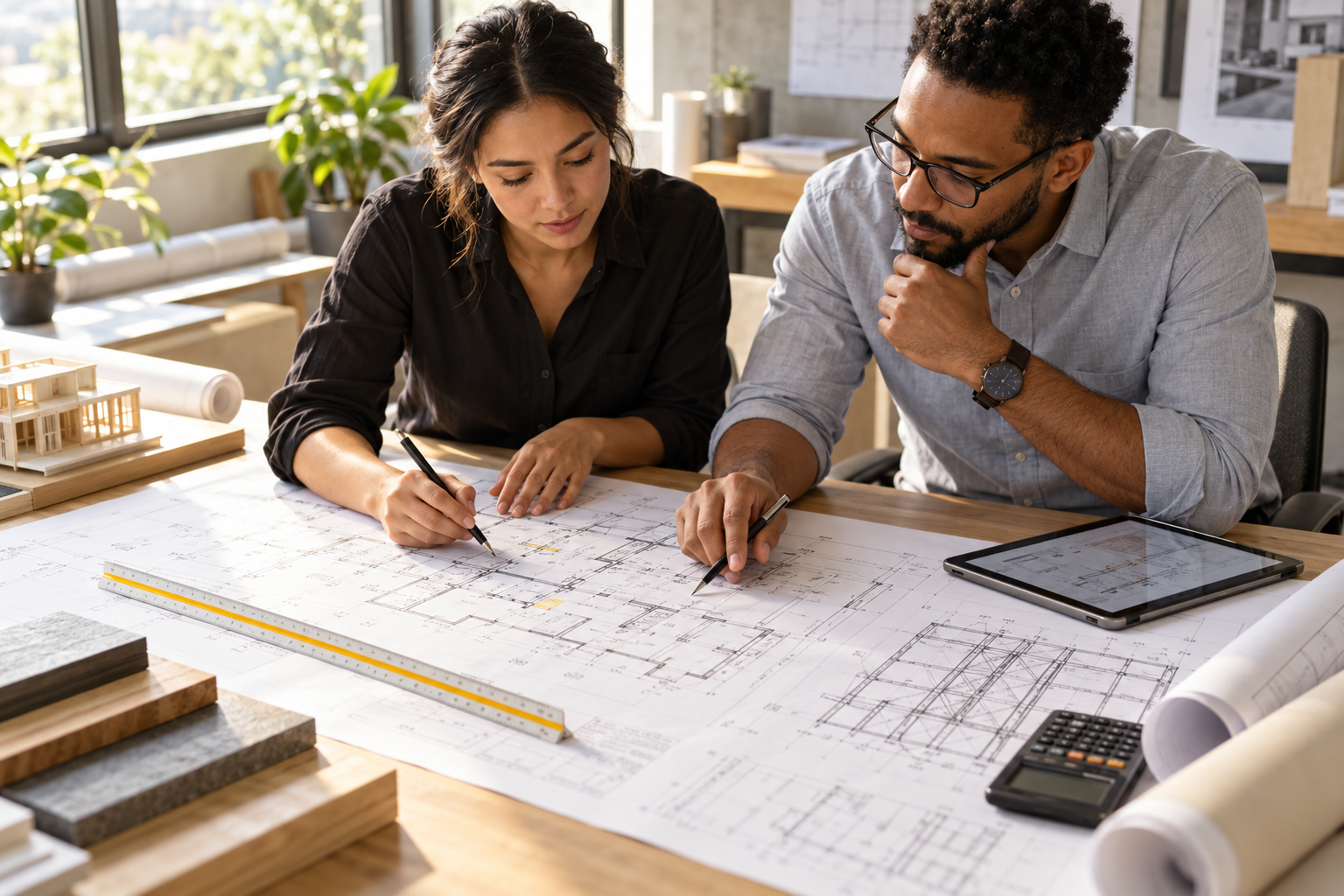 Construction documents, laptop and safety equipment